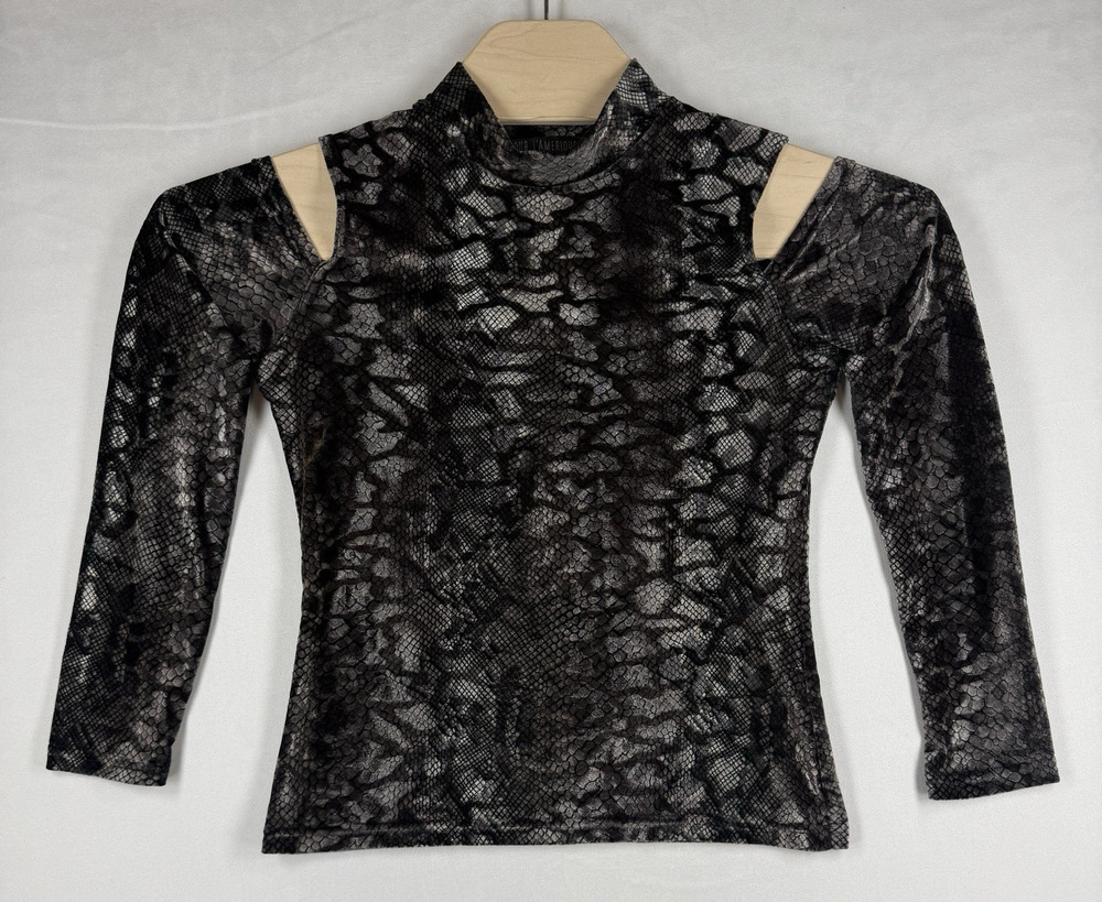 Pour L’Amerique Philippe Adec Women’s S Black Velvet Animal Print Cutout Top